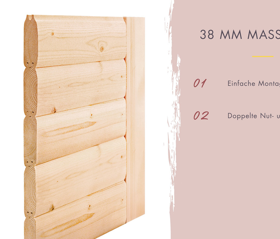 Detail einer Wand aus 38 mm Massivholz mit einfacher Montage und doppelter Nut- und Federverbindung.