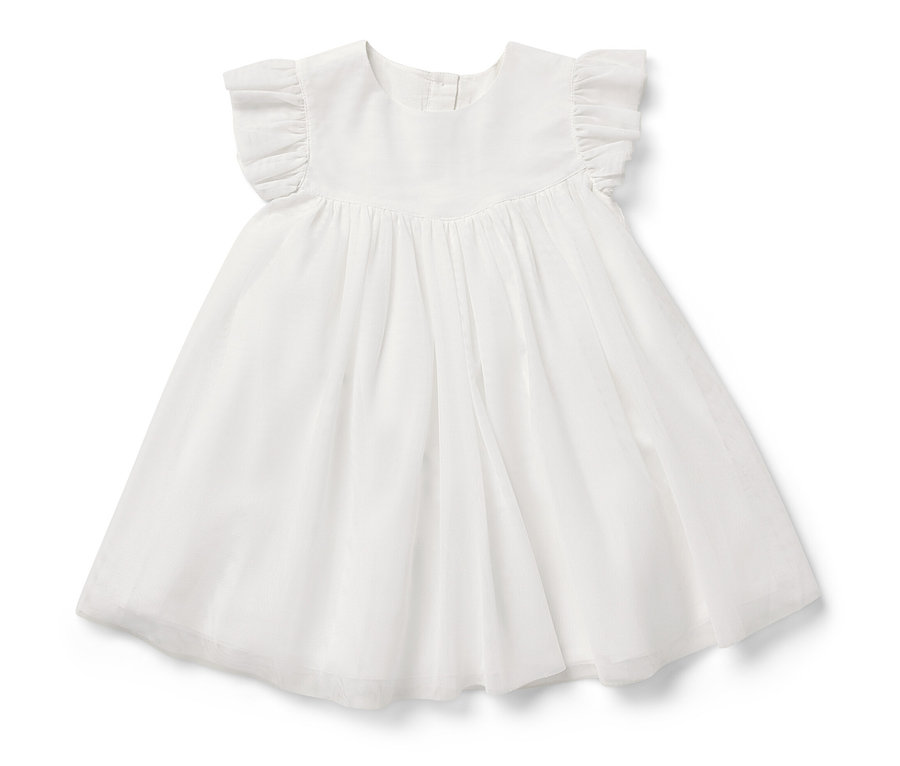 Weißes Baby-Tüllkleid mit kurzen Rüschenärmeln.
