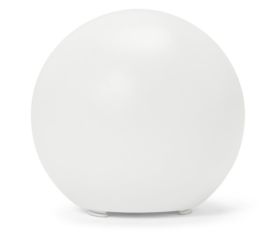 Weiße kugelförmige Lampe auf drei kleinen Füßen.