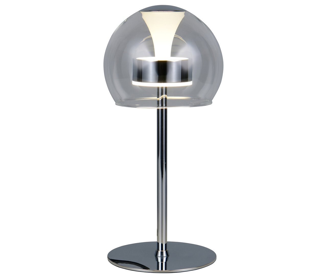 Eine silberne Trio LED-Tischleuchte »Flynt« mit einem Lampenschirm aus Glas.