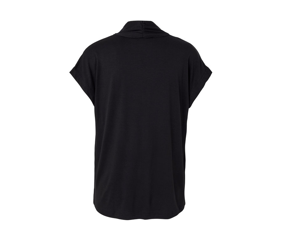 Detailansicht eines schwarzen Blusenshirts mit V-Ausschnitt für Damen.