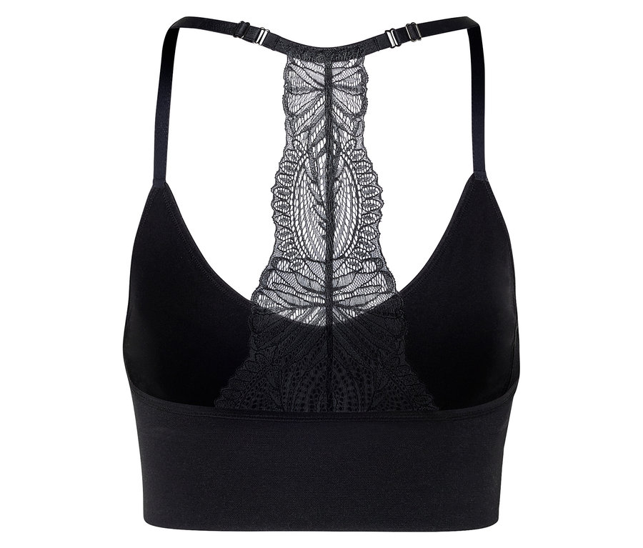 Detailansicht von hinten eines schwarzen Sport-BHs mit Racerback-Design und Spitzendetails.