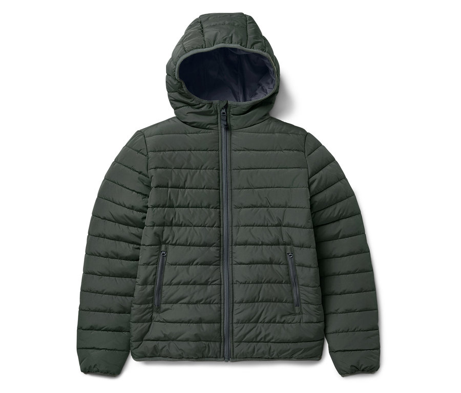 Grüne Steppjacke mit Kapuze auf weißem Hintergrund.