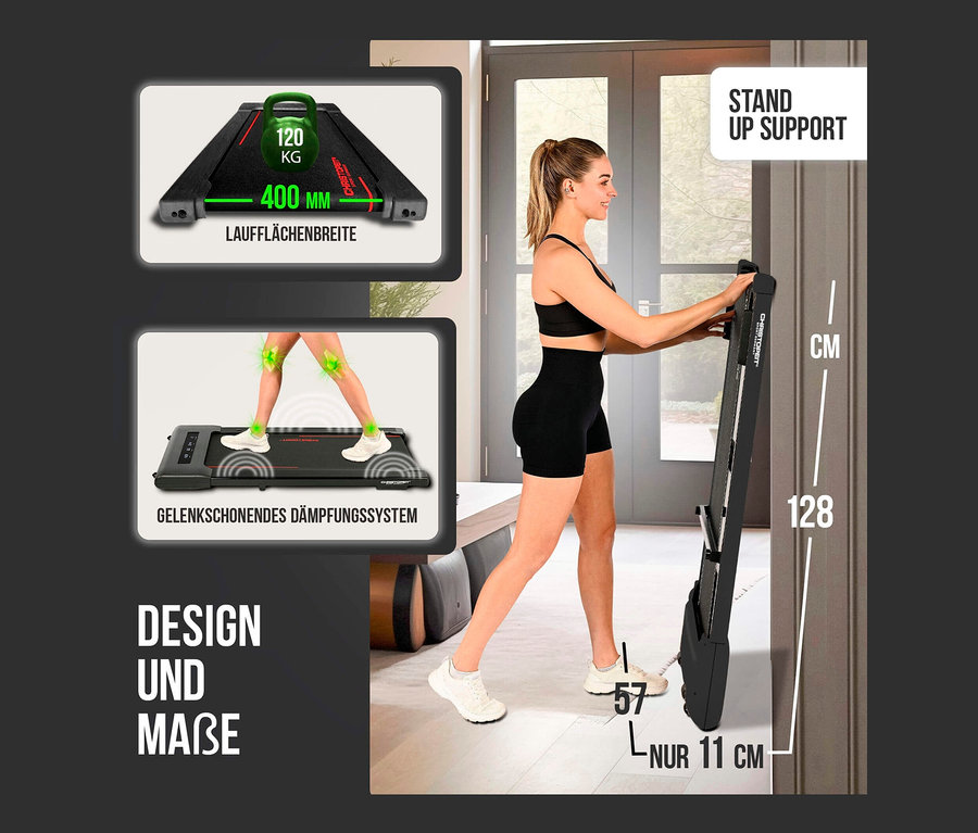 Frau steht neben zusammengeklapptem Walking-Pad »4.1«.