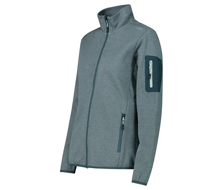 Eine blaue Fleecejacke mit Reißverschluss und Taschen.