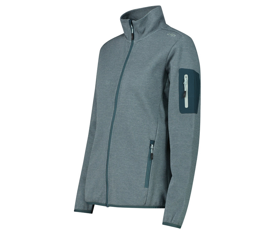 Eine blaue Fleecejacke mit Reißverschluss und Taschen.