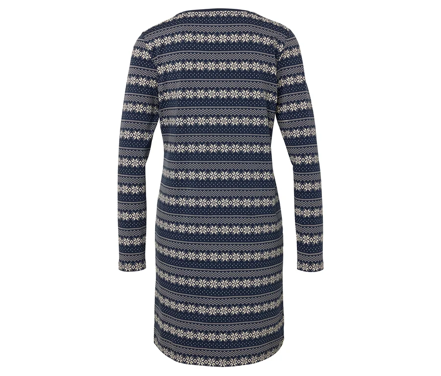 Blaues Strickkleid mit langen Ärmeln und weißem Muster.