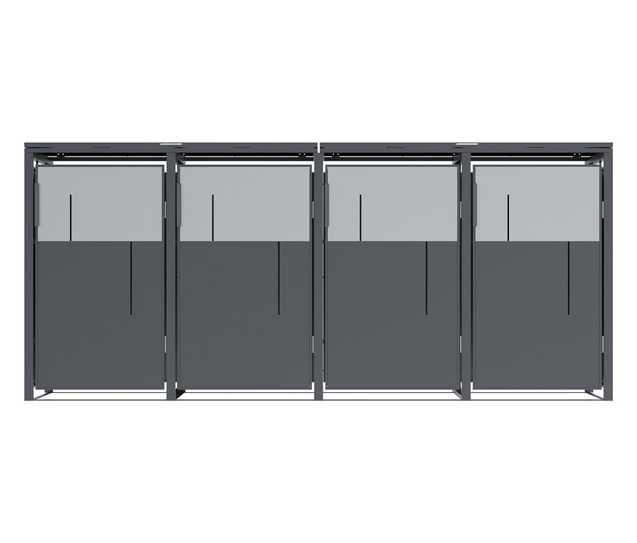 Vier graue Sichtschutzwände mit transparenten oberen Paneelen.