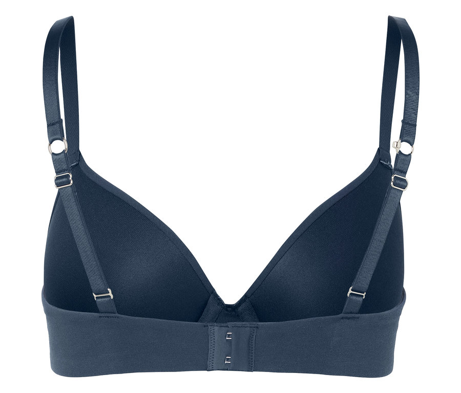 Rückansicht eines dunkelblauen BHs mit verstellbaren Trägern und Hakenverschluss.