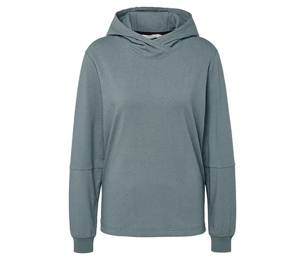 Grauer Kapuzenpullover mit langen Ärmeln.