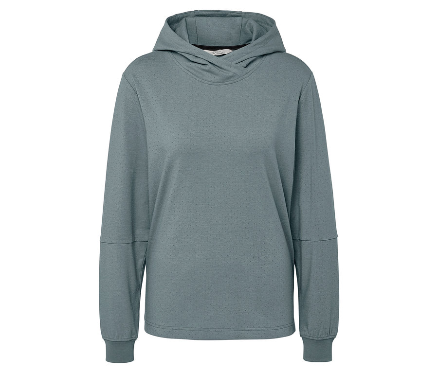 Grauer Kapuzenpullover mit langen Ärmeln.