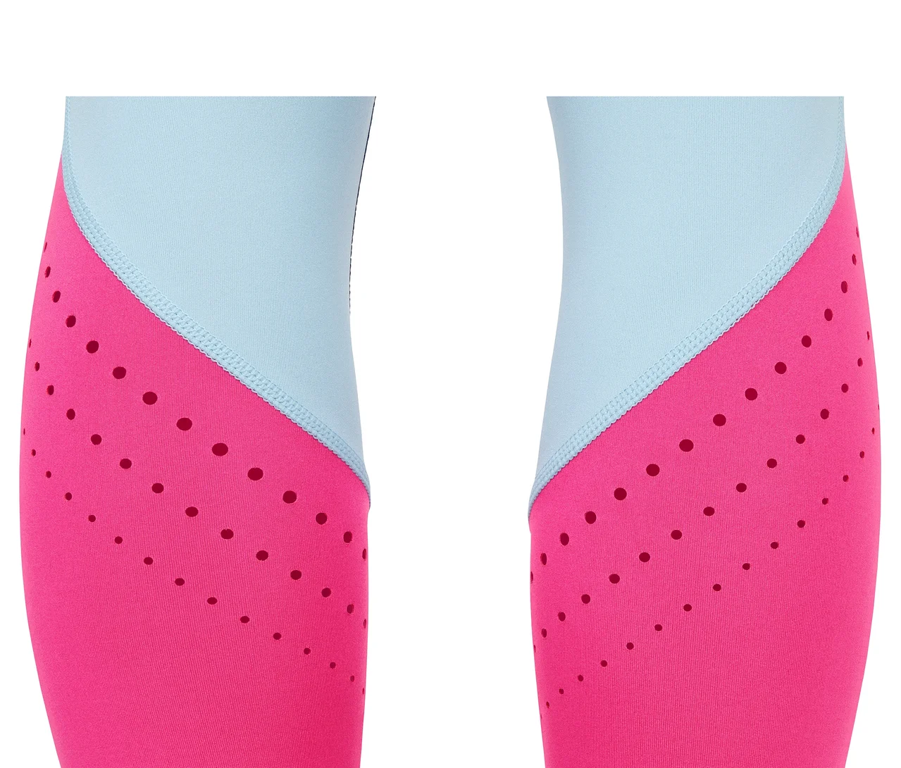 Detailansicht einer 7/8-Sporttight in Pink und Hellblau.