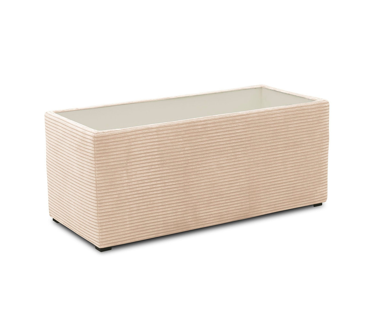 Cremefarbener DOMO Hocker mit Staufach auf weißem Hintergrund.