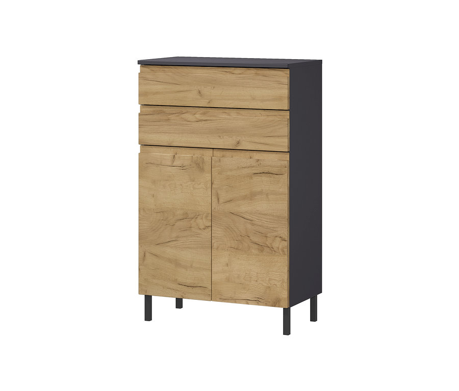 Ein Schrank mit Holztüren und Schubladen und dunkelgrauen Seiten.