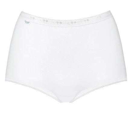 Weiße Baumwollunterhose mit elastischem Bund und Spitzenbesatz.