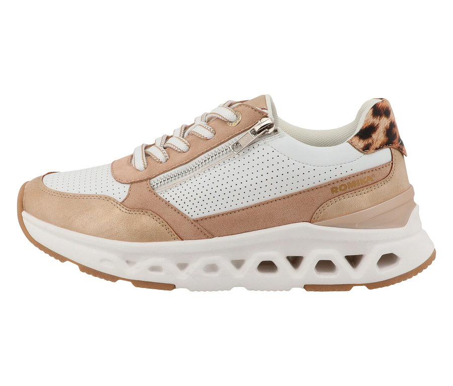 Ein einzelner Romika Sneaker mit seitlichem Reißverschluss in Beige, Weiß und mit Leopardenmuster an der Ferse.