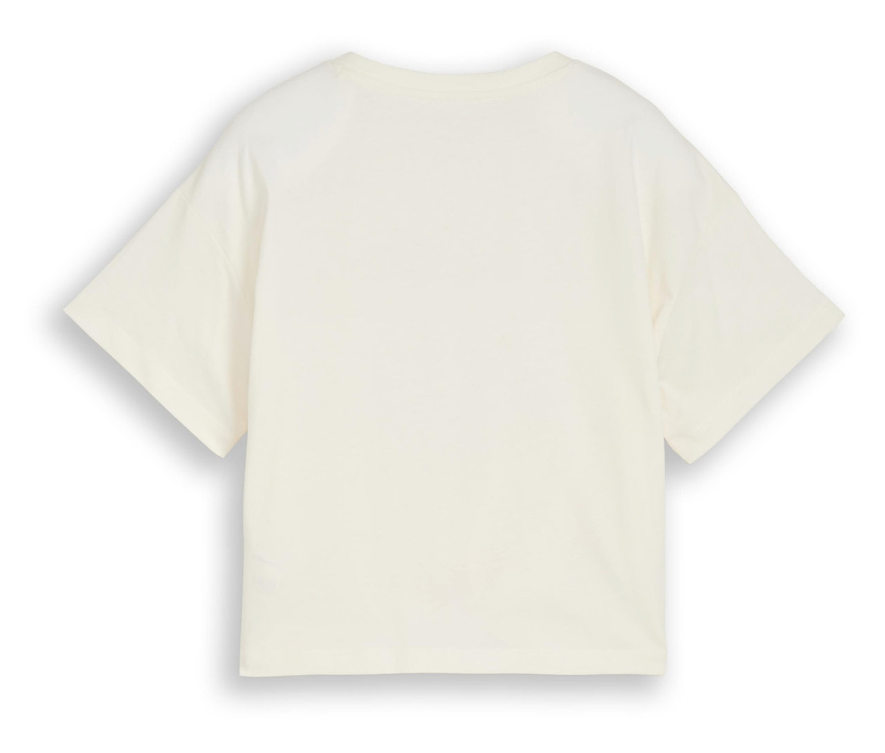 Nahaufnahme von einem einfachen, cremefarbenen T-Shirt mit kurzen Ärmeln.