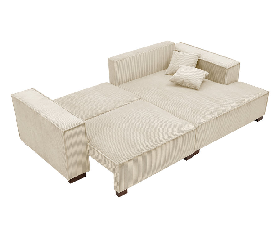 Beiges Cord-Schlafsofa mit zwei Kissen teilweise ausgezogen.