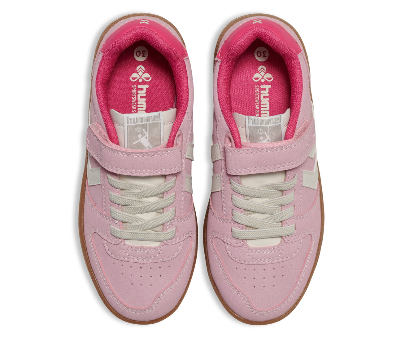 Draufsicht auf ein Paar rosa hummel® Sneaker Handball Perfekt CL JR mit Klettverschluss und Schnürsenkeln.