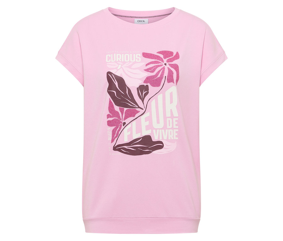 Das rosafarbene CECIL Placement-Shirt mit Blumenmuster liegt auf einem weißen Hintergrund.