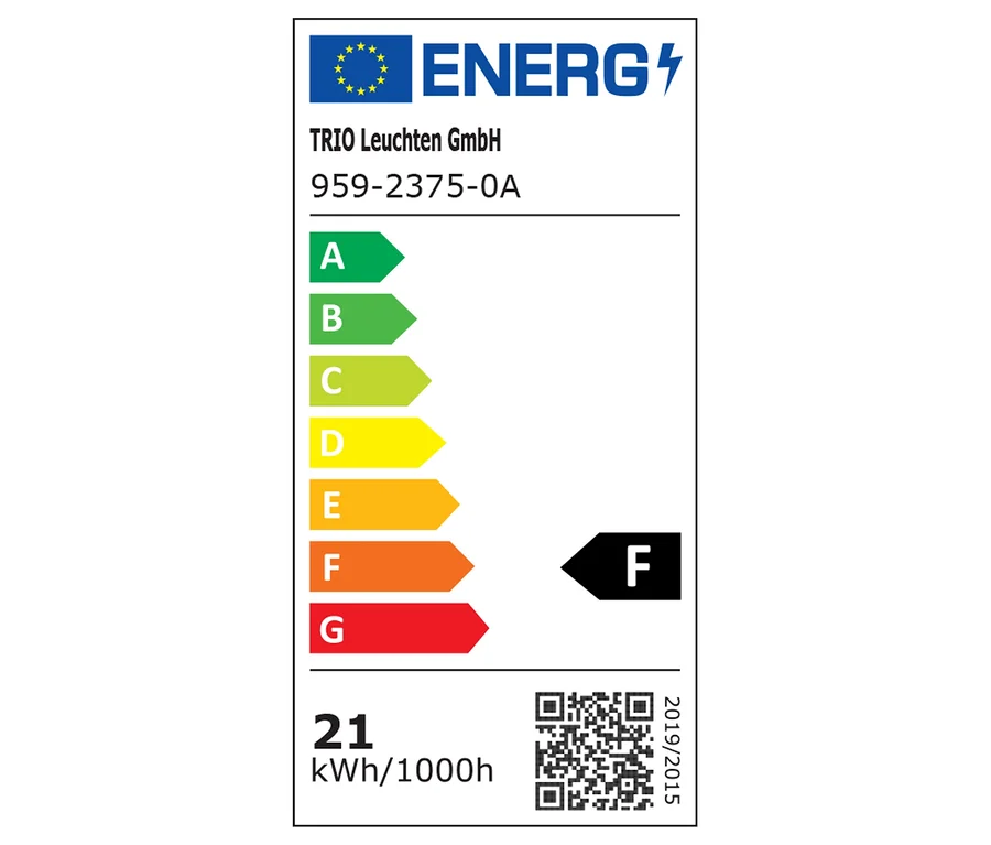 Energielabel von TRIO Leuchten GmbH, Modell 959-2375-0A, mit Energieeffizienzklasse F und einem Verbrauch von 21 kWh/1000h.