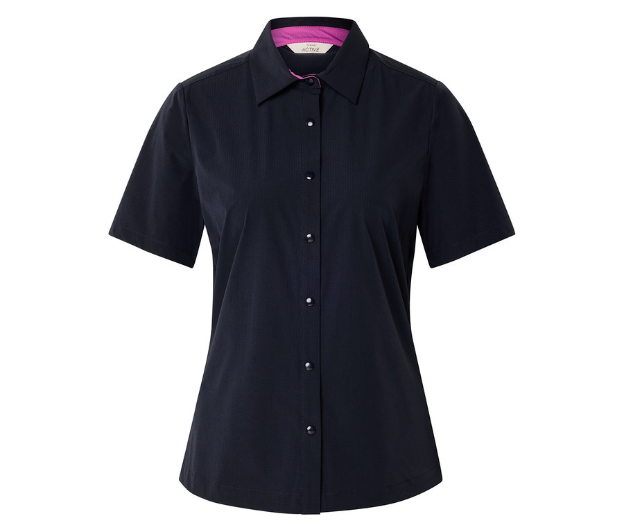 Dunkelblaues kurzärmeliges Hemd mit Kragen und Knöpfen.