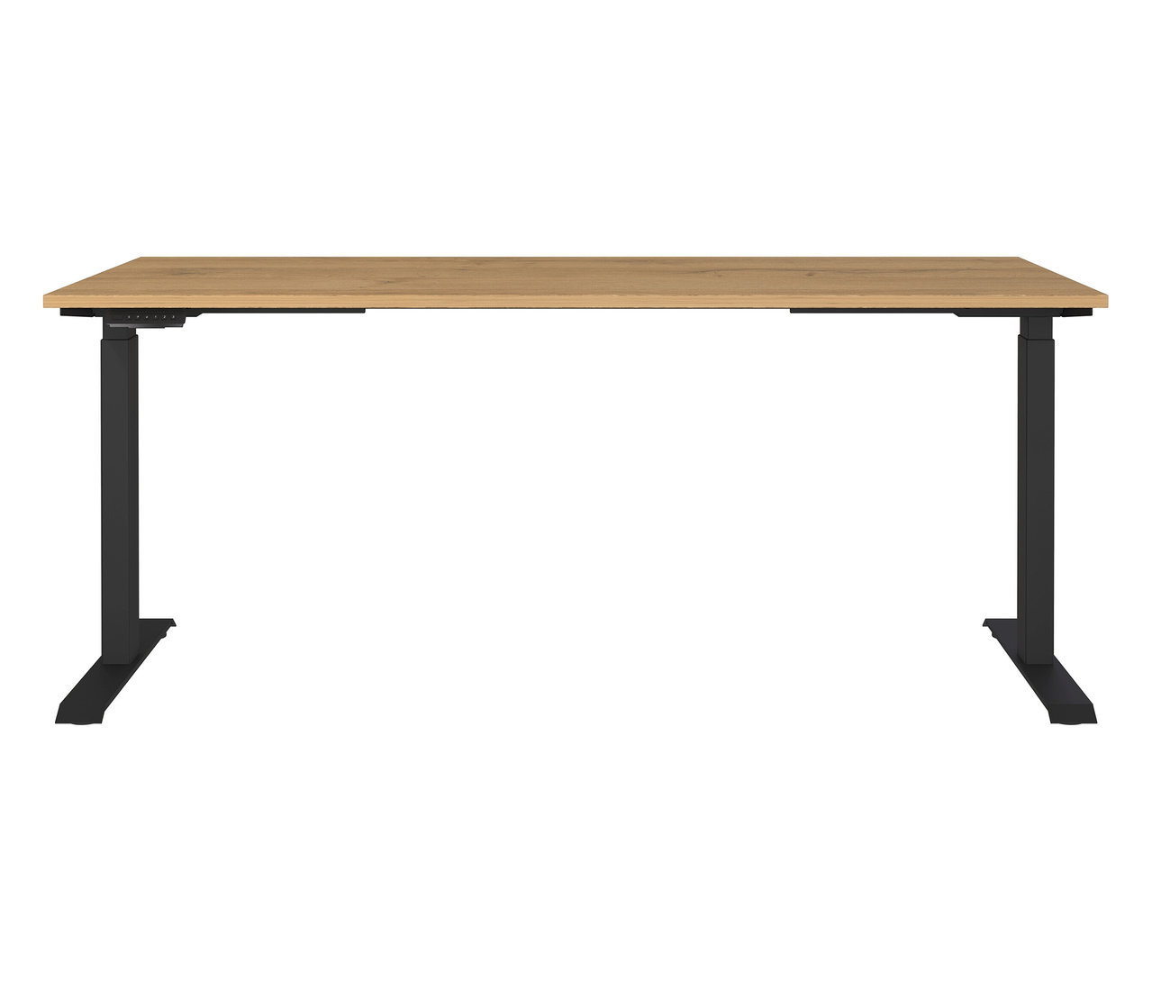 Ein elektrisch höhenverstellbarer Schreibtisch, Breite ca. 180 cm, ist vor einem weißen Hintergrund zu sehen.