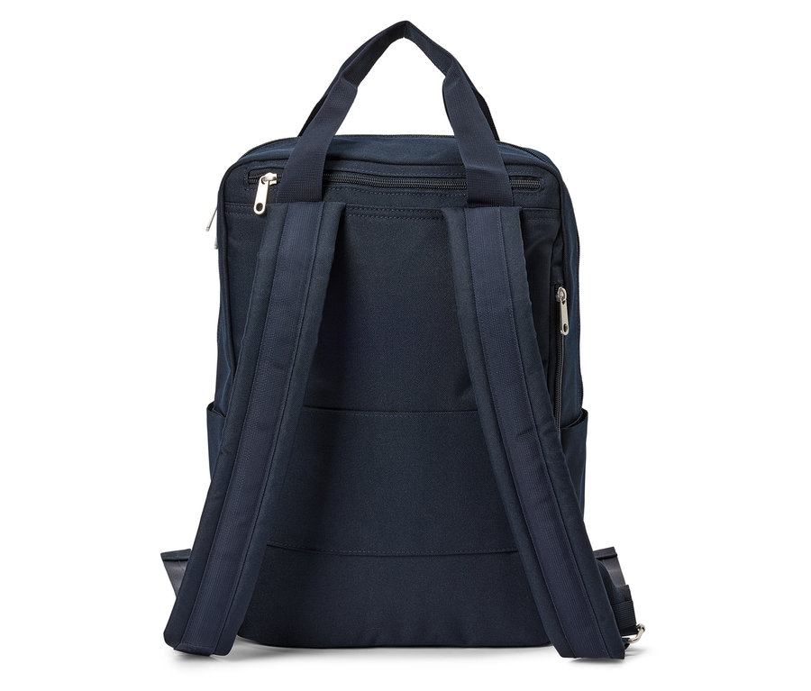 Blauer Rucksack von hinten mit Trägern und Griff.