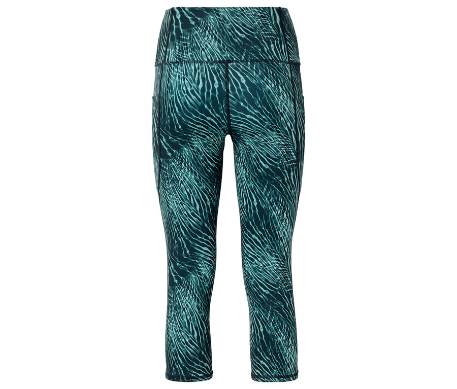Grün-blaue Leggings mit hohem Bund und abstraktem Muster.