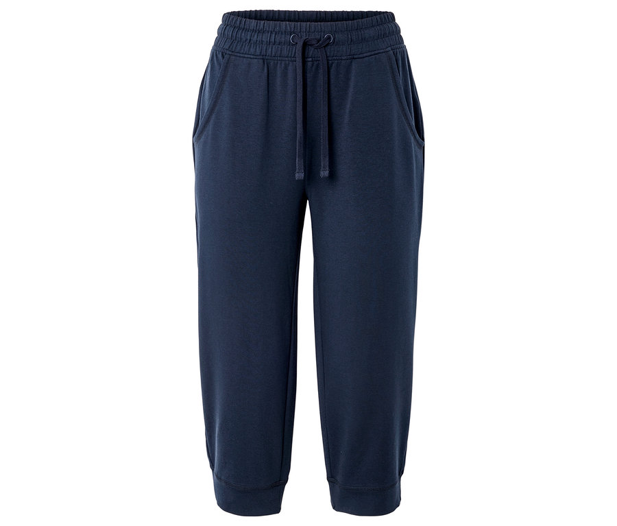 Dunkelblaue, dreiviertellange Jogginghose mit Kordelzug und Taschen.