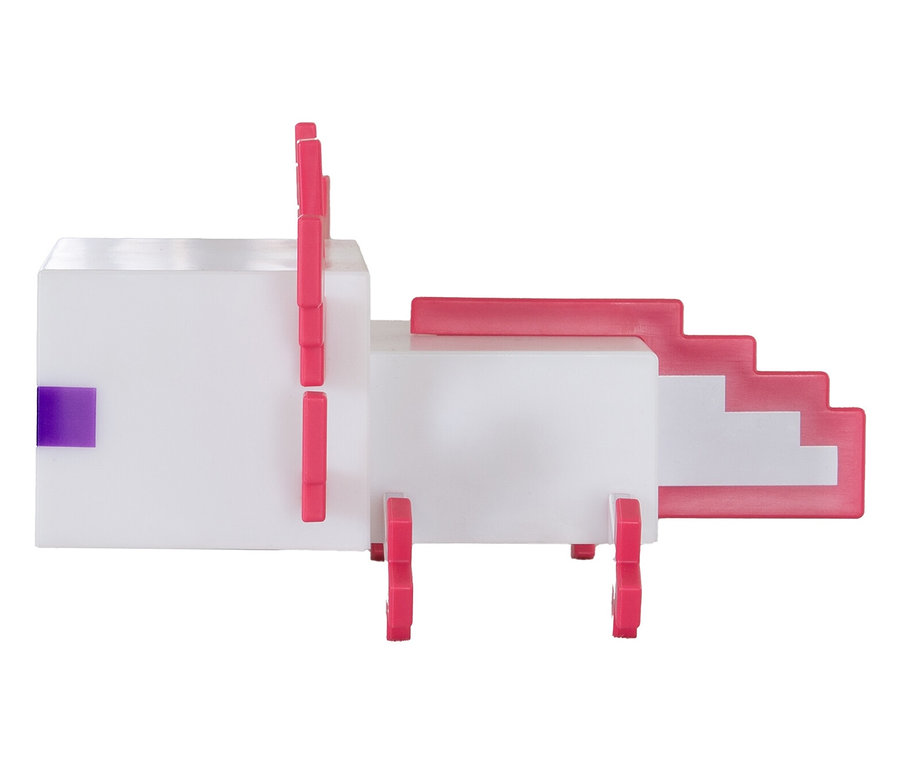 Ein pixeliger, weißer Axolotl mit pinkfarbenen Akzenten steht vor einem weißen Hintergrund.