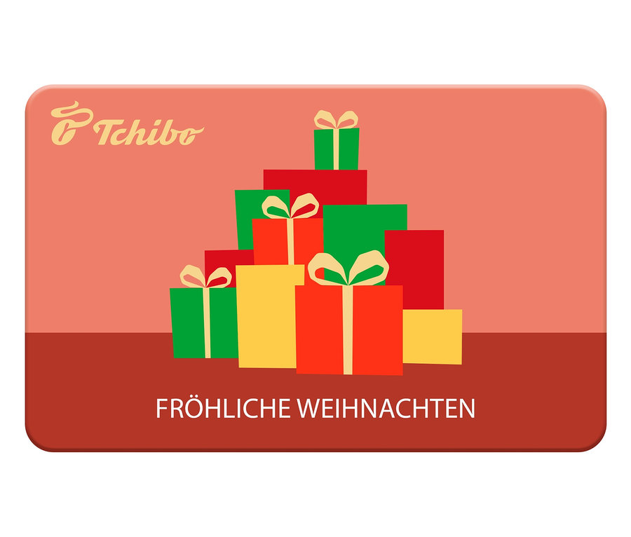 Tchibo Gutschein mit Geschenkstapel und Aufschrift "Fröhliche Weihnachten".