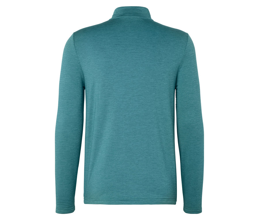 Rückansicht eines türkisfarbenen, langärmeligen Oberteils mit Reißverschluss.