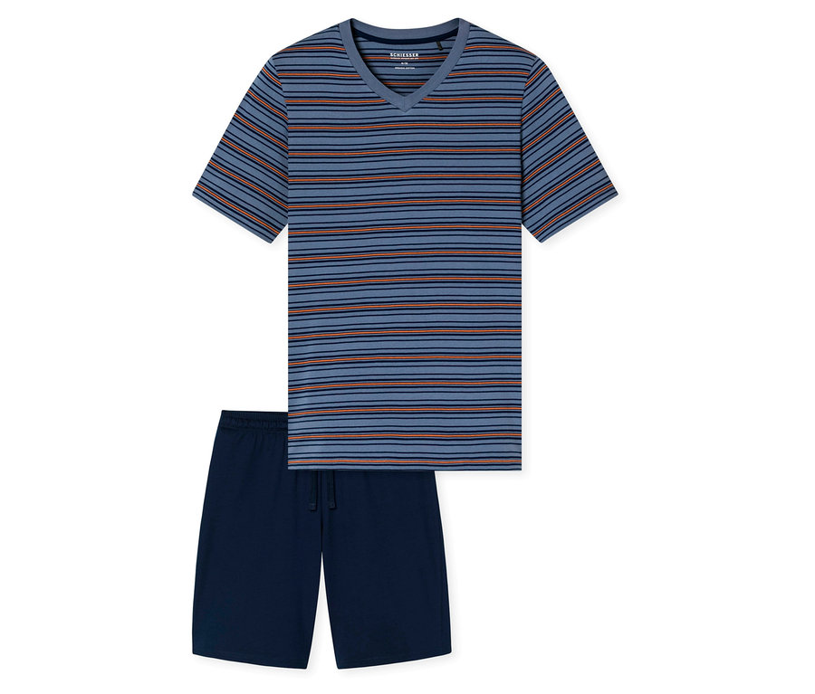 SCHIESSER Shorty-Set bestehend aus einem blau gestreiften V-Neck T-Shirt und einer dunkelblauen Shorts.