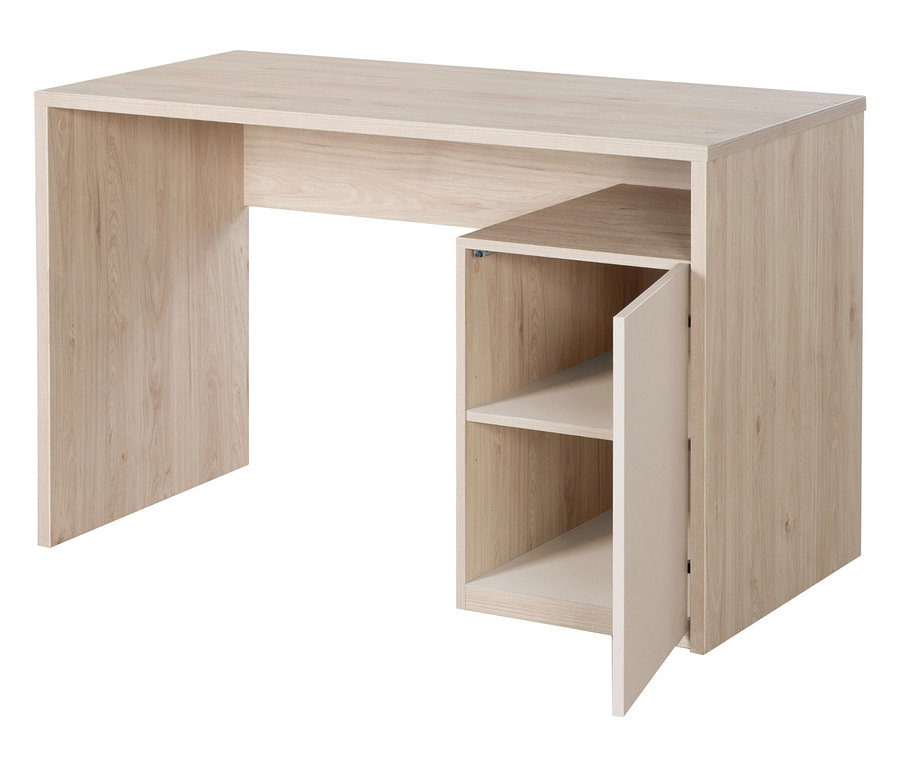 Der Roba Schreibtisch »Louisa« in hellem Holzdesign mit offenem Schrankabteil und einer geöffneten weißen Tür.