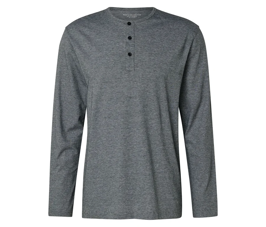 Graues, langärmeliges Shirt mit drei Knöpfen am Halsausschnitt.