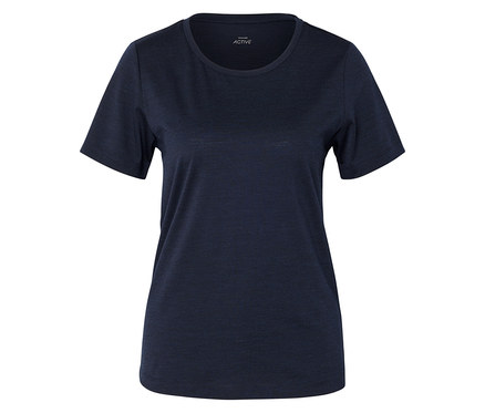 Dunkelblaues, kurzärmeliges T-Shirt mit Rundhalsausschnitt auf weißem Hintergrund.