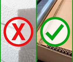 Links ist ein rotes X auf einer Styroporplatte zu sehen, rechts ein grüner Haken auf einem offenen Karton.