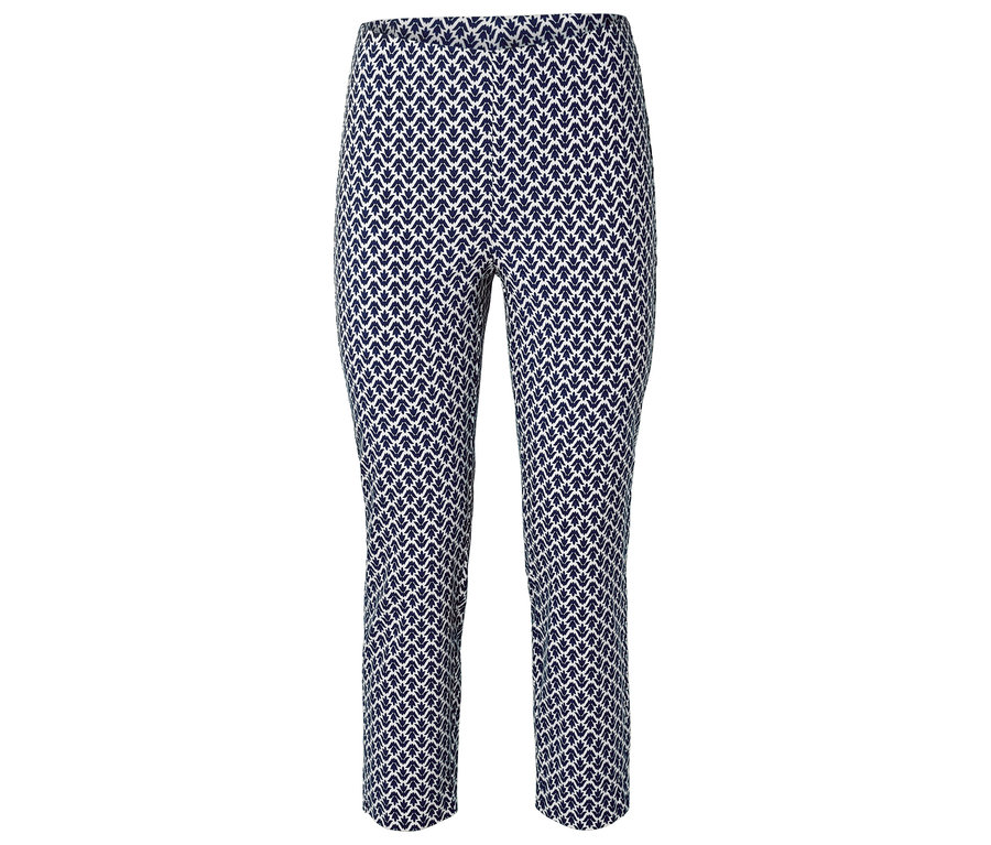 Blaue und weiße Hose mit Blattmuster.