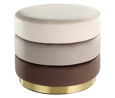 Ein dreistufiger, runder Hocker in Beige-, Grau- und Brauntönen mit goldfarbener Basis.