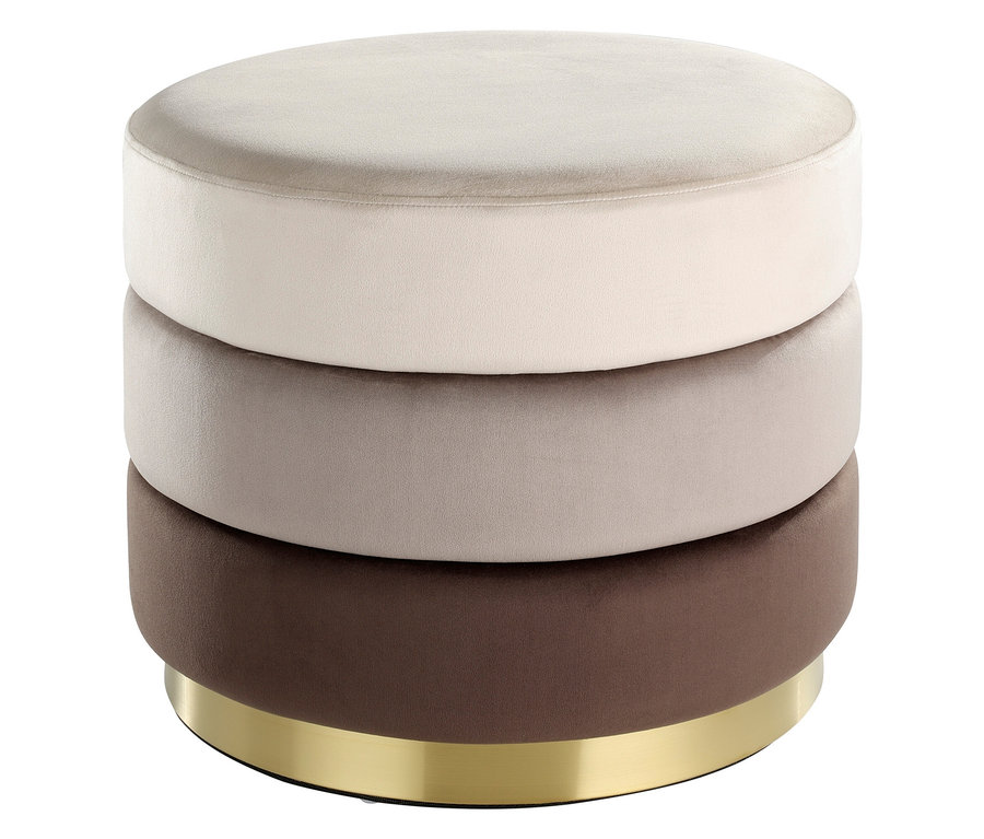 Ein dreistufiger, runder Hocker in Beige-, Grau- und Brauntönen mit goldfarbener Basis.