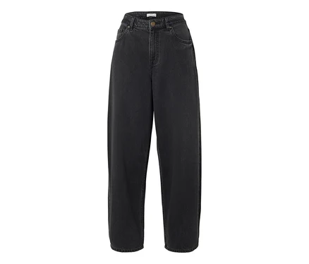 Schwarze High-Waist-Jeans mit weitem Bein, Vordertaschen und Knopfverschluss.