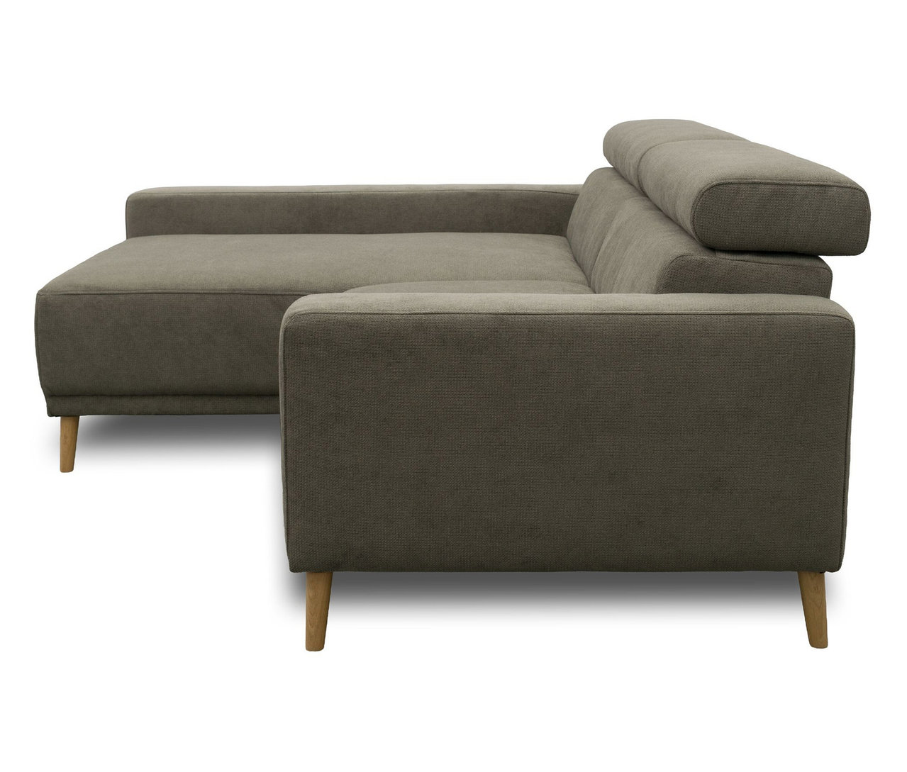 DOMO Sofa »Malmö« in Grau mit Longchair links, Kopfteilverstellung und Holzfüßen.