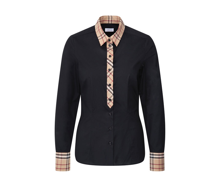 Schwarze Seidensticker Popeline-Bluse mit Karodetail an Kragen, Knopfleiste und Manschetten.