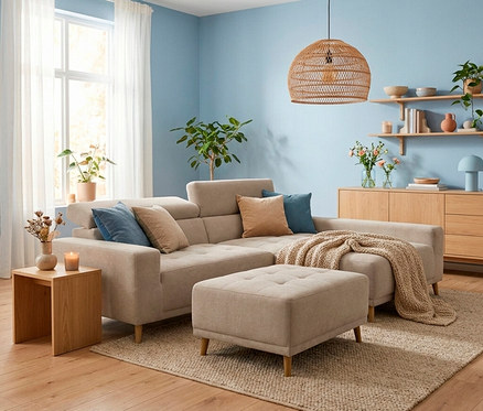 Ein gemütliches Wohnzimmer mit hellblauen Wänden. Eine beigefarbene Eckcouch mit Hocker steht auf einem Juteteppich. Die Couch ist mit Kissen und einer Decke dekoriert. Links ein Holztischchen mit Vase und Kerze, rechts ein Holzschrank mit Regalen und Pflanzen. Eine Rattan-Pendelleuchte hängt von der Decke.