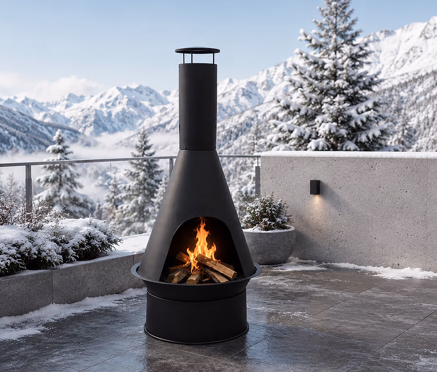 Schwarzer Outdoor-Kamin mit brennendem Feuer auf einer verschneiten Terrasse vor einer Berglandschaft.
