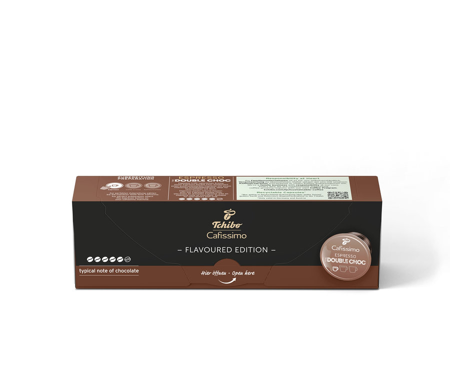 Eine Packung Cafissimo Flavoured Espresso Double Choc - 80 Kapseln und eine Packung Cafissimo Flavoured Espresso Double Choc - 10 Kapseln.