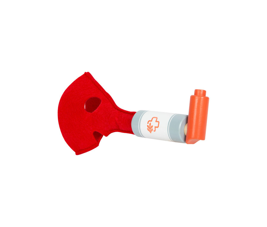 Spielzeug-Inhalator aus der small foot Notarzttasche mit roter Stoffmaske und Holzkörper, verziert mit einem roten Kreuz.