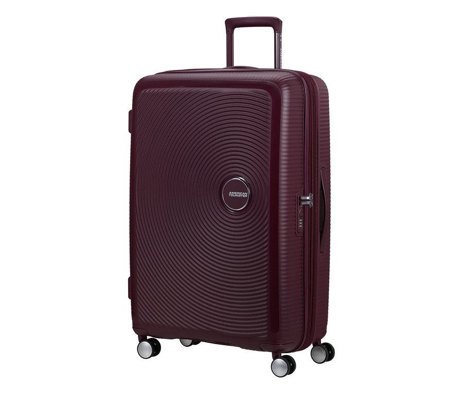 Großer American Tourister Soundbox Hartschalen-Spinner-Koffer in Wildkirsche mit strukturierter Oberfläche, Teleskopgriff und vier Rollen.