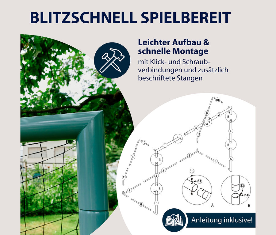 Ein grünes HUDORA Fußballtor »Expert 300« mit Netz, daneben eine Montageanleitung, die den einfachen Aufbau mit Klick- und Schraubverbindungen und beschrifteten Stangen illustriert.